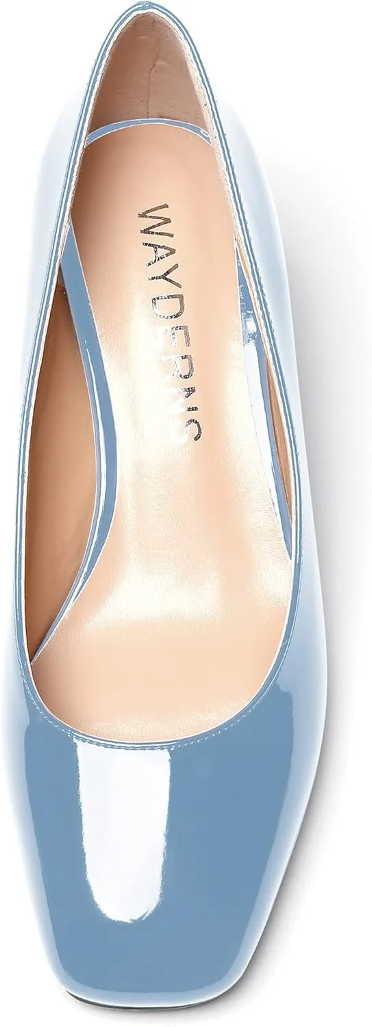 WAYDERNS Women's Slip On Patent Leather Square Toe Low Heel Wedge Pumps Shoes 2 Inch