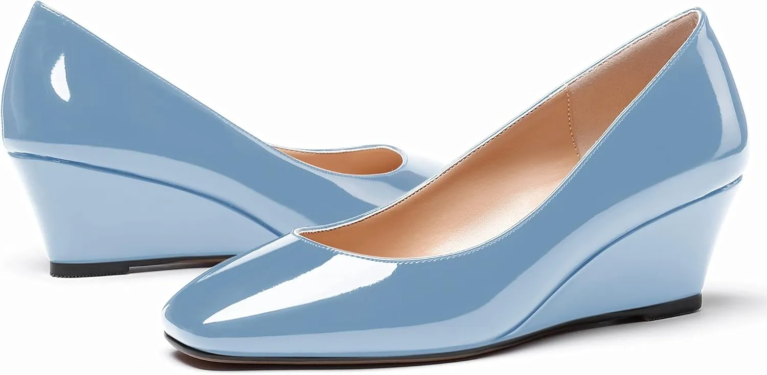 WAYDERNS Women's Slip On Patent Leather Square Toe Low Heel Wedge Pumps Shoes 2 Inch