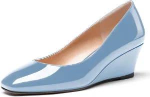 WAYDERNS Women's Slip On Patent Leather Square Toe Low Heel Wedge Pumps Shoes 2 Inch