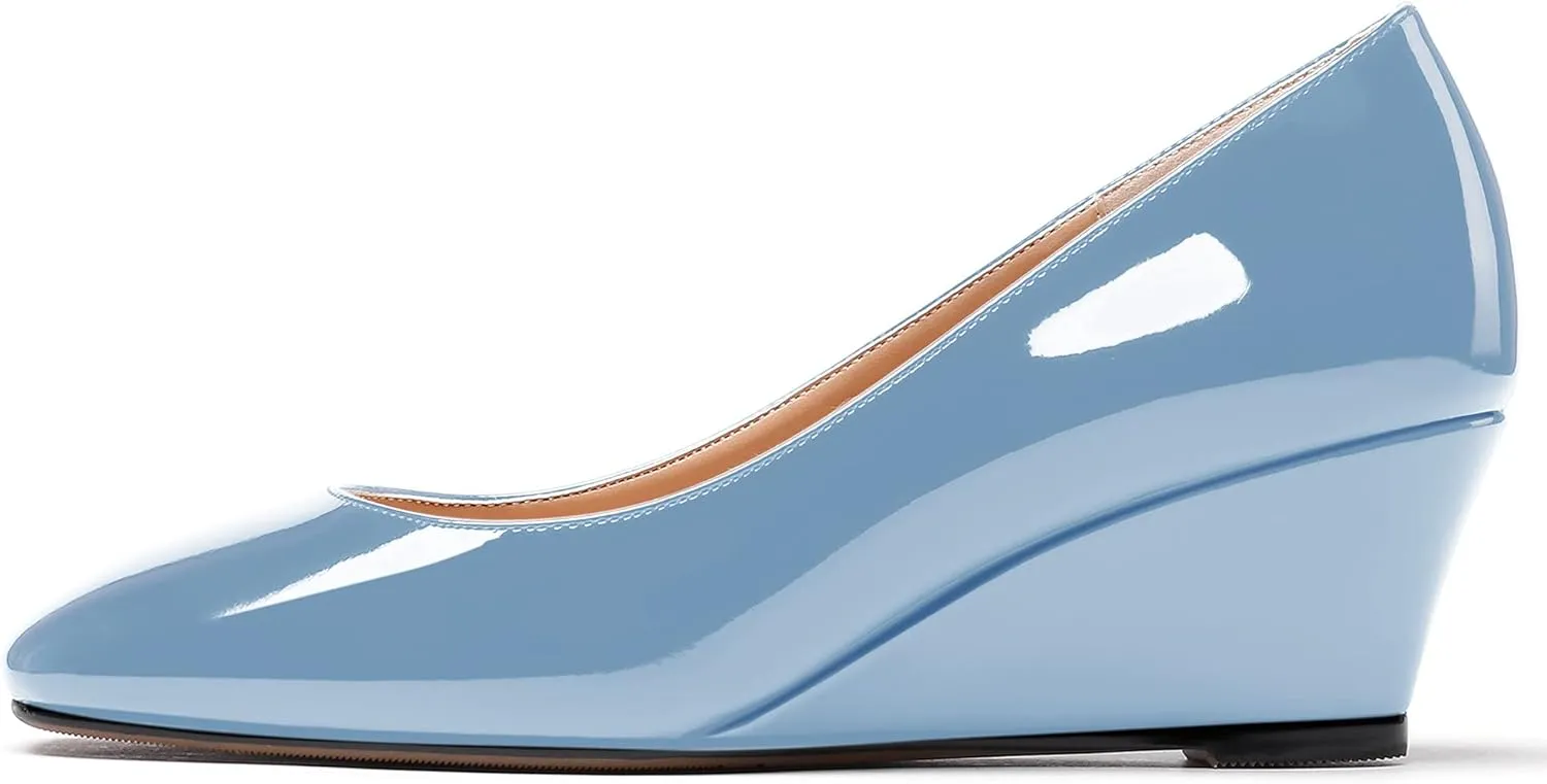 WAYDERNS Women's Slip On Patent Leather Square Toe Low Heel Wedge Pumps Shoes 2 Inch