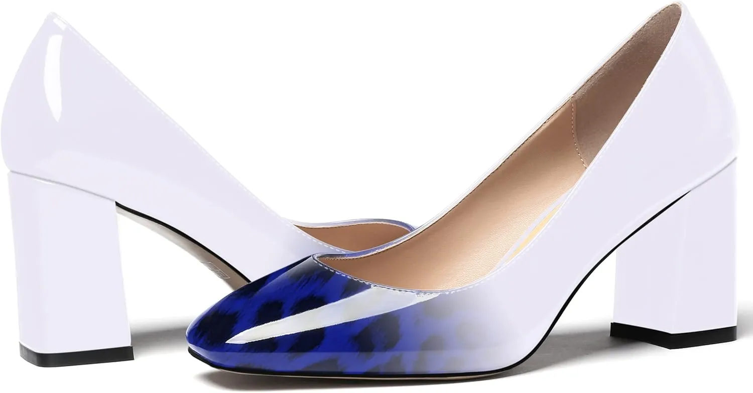 WAYDERNS Women's Slip On Solid Square Toe Patent Block High Heel Pumps Shoes 3 Inch