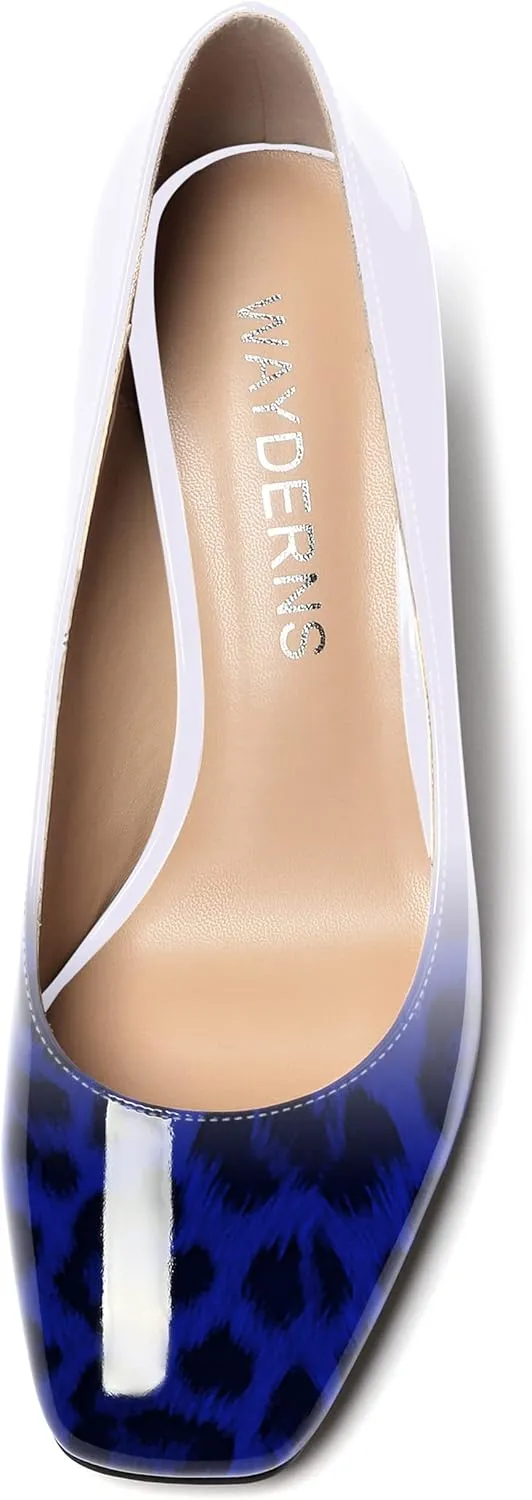 WAYDERNS Women's Slip On Solid Square Toe Patent Block High Heel Pumps Shoes 3 Inch