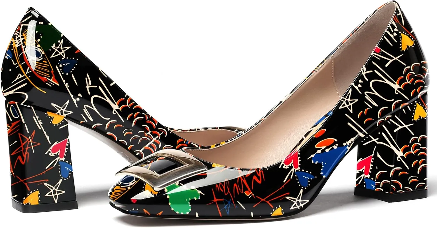 WAYDERNS Women's Square Toe Solid Patent Slip On Block High Heel Pumps Shoes 3 Inch