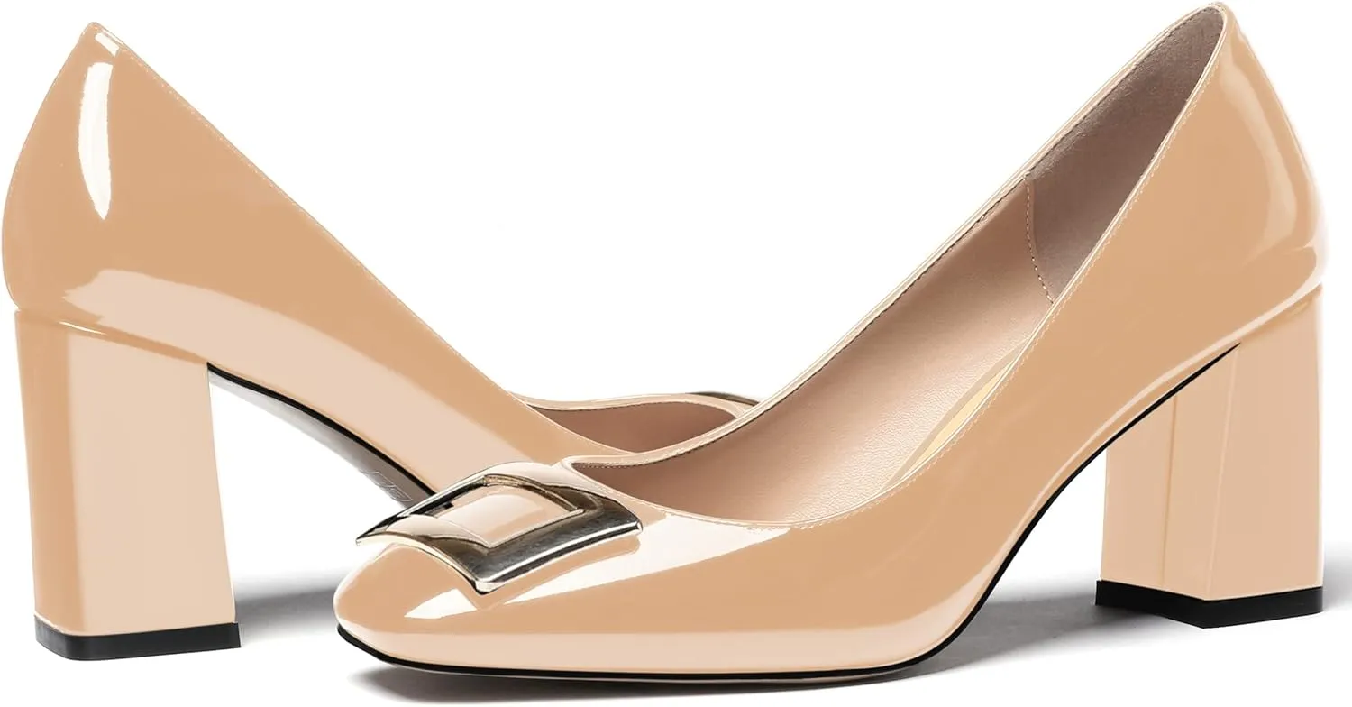 WAYDERNS Women's Square Toe Solid Patent Slip On Block High Heel Pumps Shoes 3 Inch