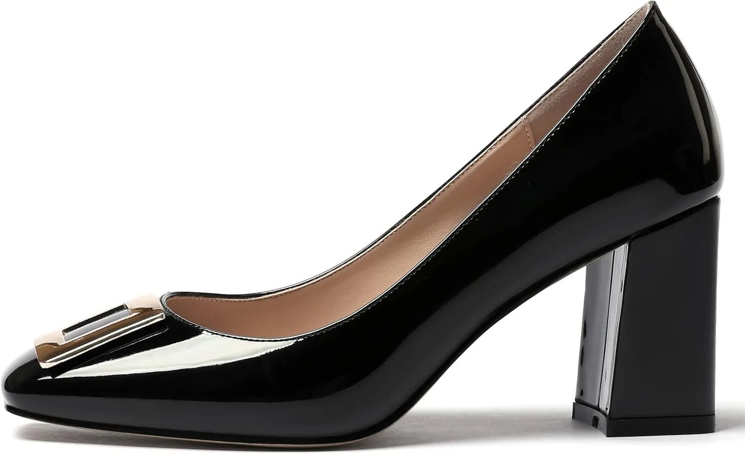 WAYDERNS Women's Square Toe Solid Patent Slip On Block High Heel Pumps Shoes 3 Inch