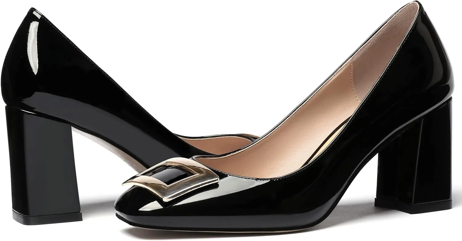 WAYDERNS Women's Square Toe Solid Patent Slip On Block High Heel Pumps Shoes 3 Inch