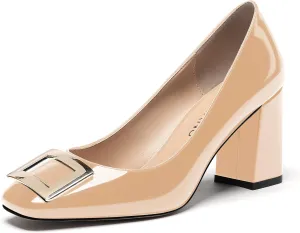 WAYDERNS Women's Square Toe Solid Patent Slip On Block High Heel Pumps Shoes 3 Inch