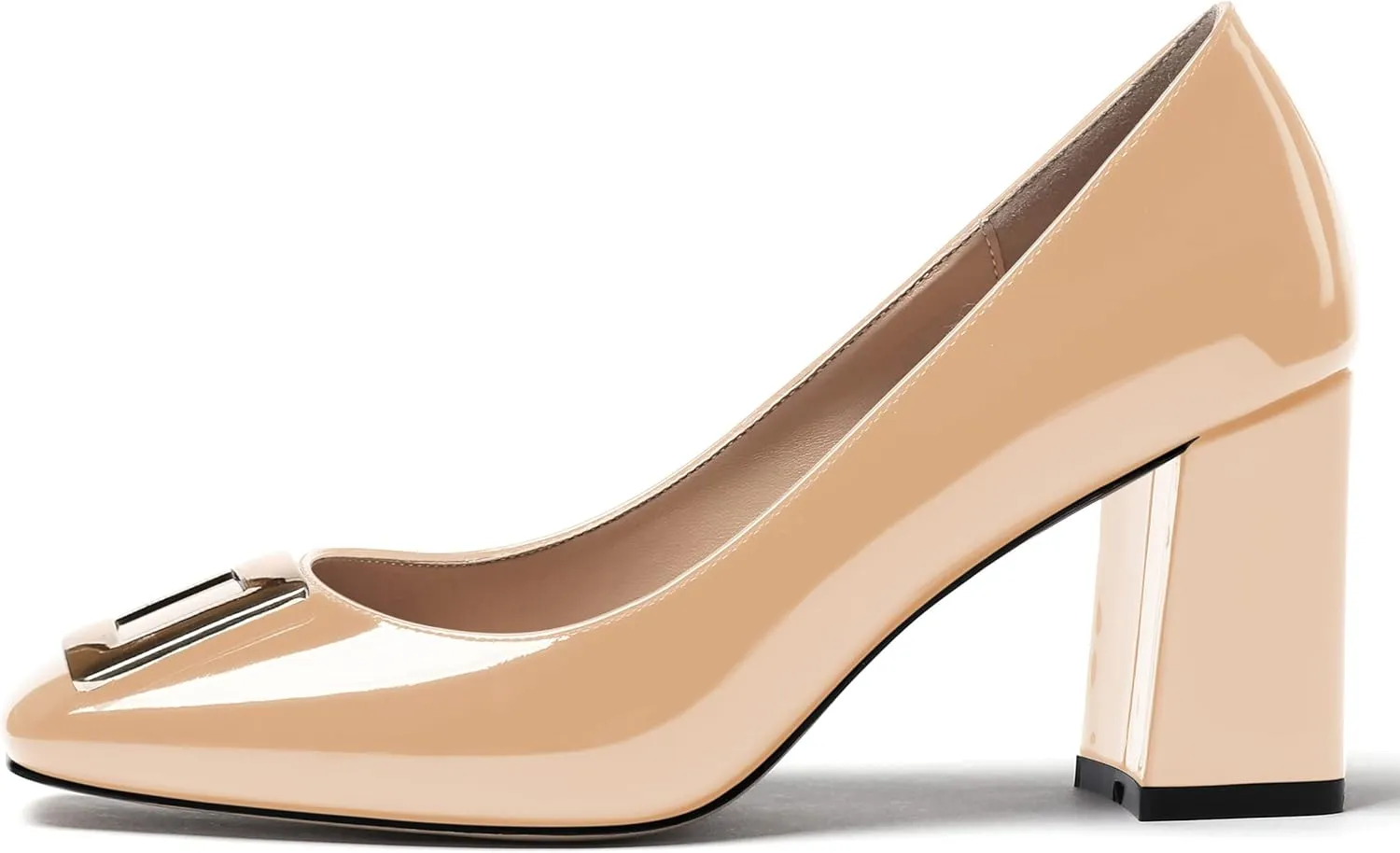 WAYDERNS Women's Square Toe Solid Patent Slip On Block High Heel Pumps Shoes 3 Inch