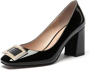 WAYDERNS Women's Square Toe Solid Patent Slip On Block High Heel Pumps Shoes 3 Inch