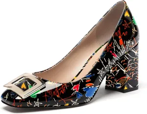WAYDERNS Women's Square Toe Solid Patent Slip On Block High Heel Pumps Shoes 3 Inch