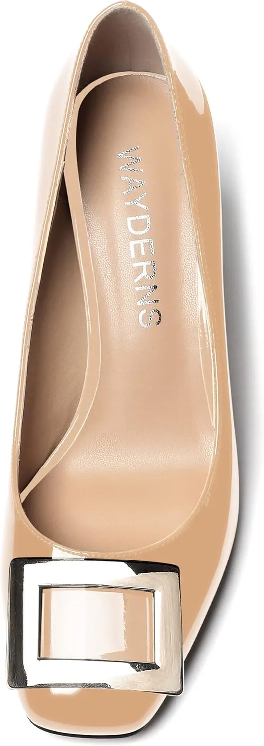 WAYDERNS Women's Square Toe Solid Patent Slip On Block High Heel Pumps Shoes 3 Inch