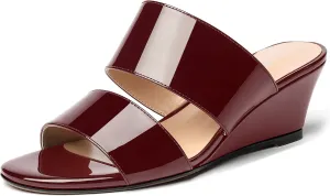 WAYDERNS Women's Two Piece Patent Open Toe Slip On Wedge Low Heel Wedges Sandals 2 Inch