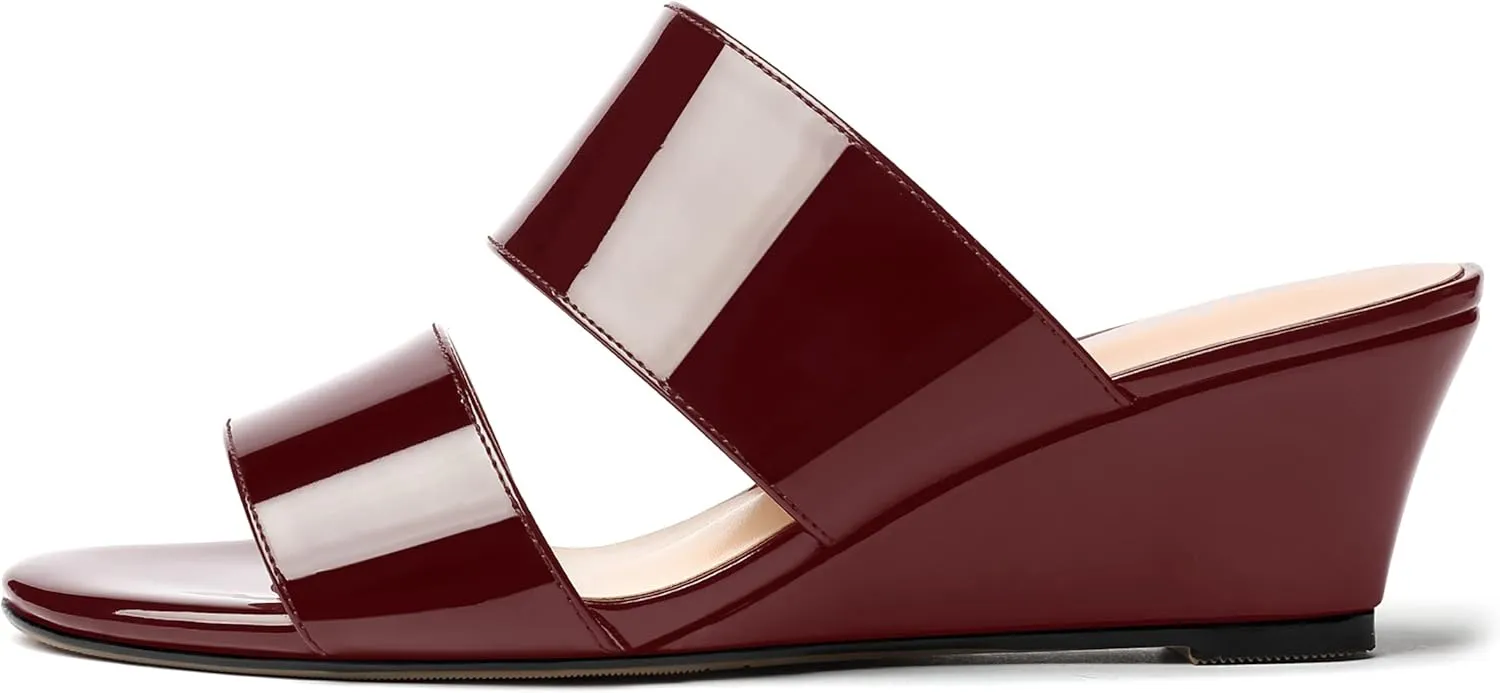 WAYDERNS Women's Two Piece Patent Open Toe Slip On Wedge Low Heel Wedges Sandals 2 Inch
