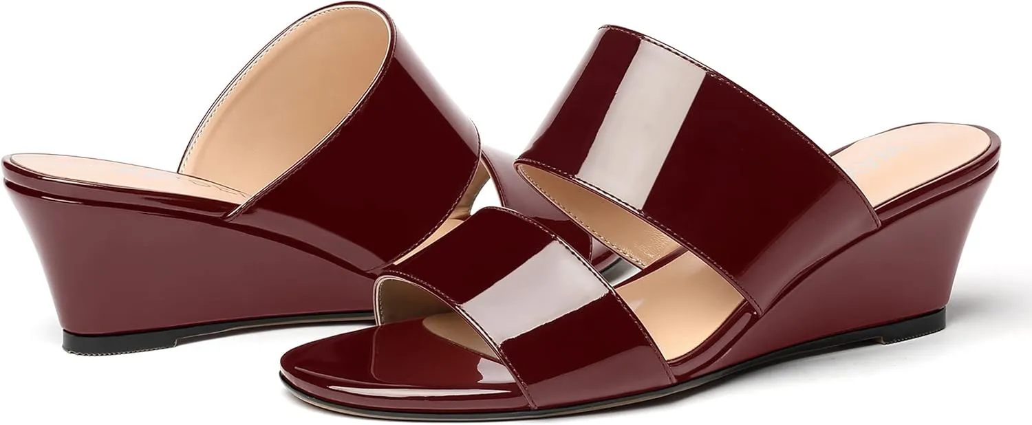 WAYDERNS Women's Two Piece Patent Open Toe Slip On Wedge Low Heel Wedges Sandals 2 Inch