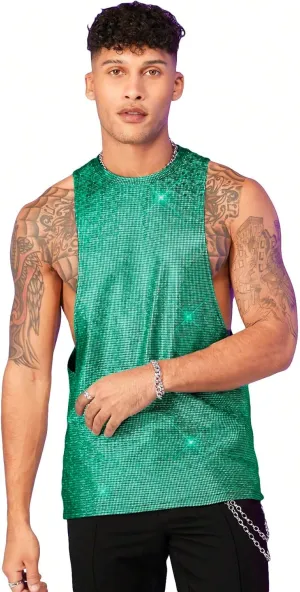 WDIRARA Men's Glitter Sequin Round Neck Sleeveless Tank Tops Cut Open Side Club Party T Shirt