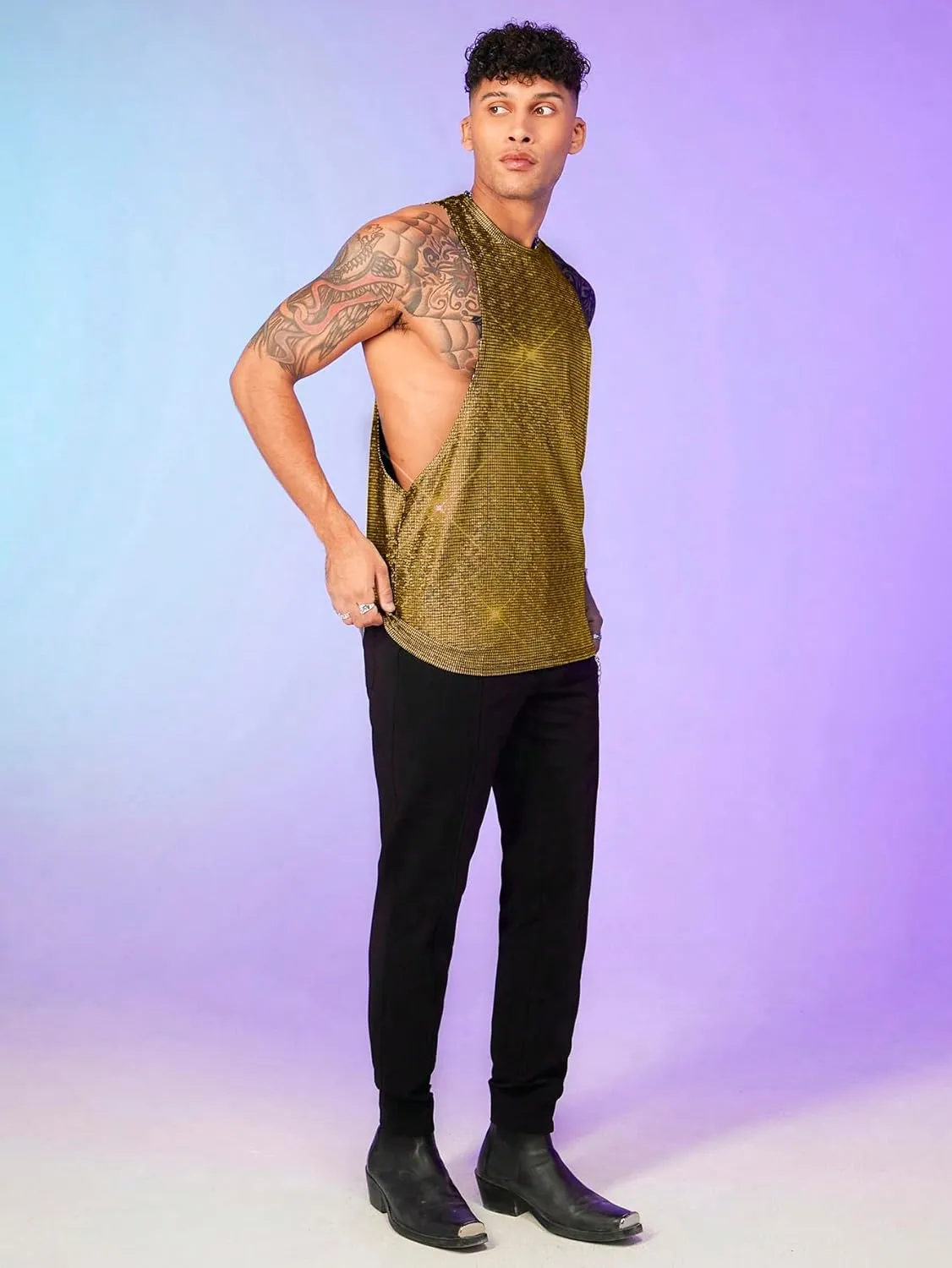 WDIRARA Men's Glitter Sequin Round Neck Sleeveless Tank Tops Cut Open Side Club Party T Shirt
