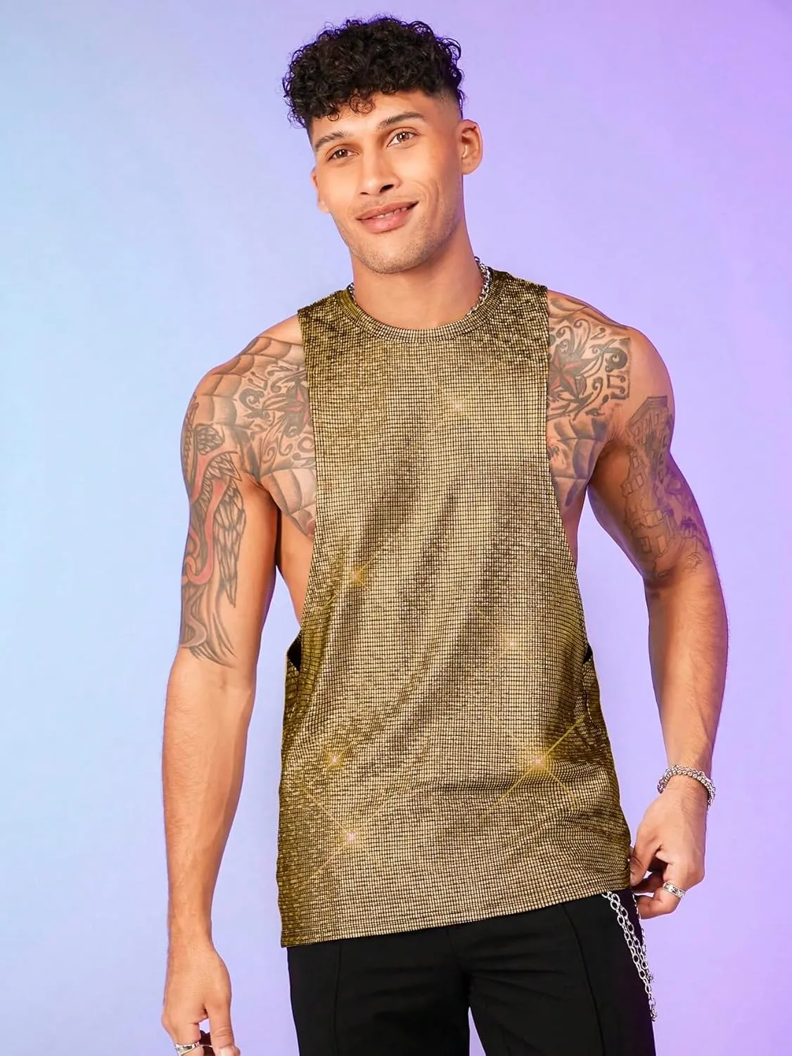 WDIRARA Men's Glitter Sequin Round Neck Sleeveless Tank Tops Cut Open Side Club Party T Shirt