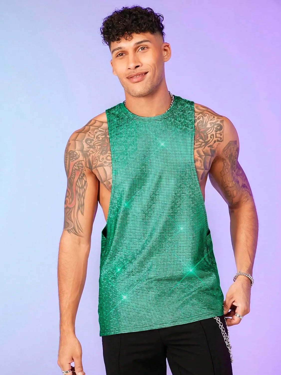 WDIRARA Men's Glitter Sequin Round Neck Sleeveless Tank Tops Cut Open Side Club Party T Shirt