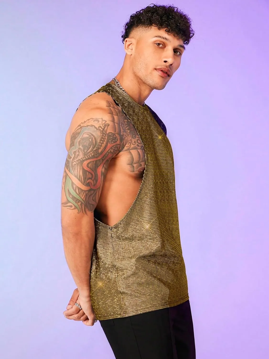 WDIRARA Men's Glitter Sequin Round Neck Sleeveless Tank Tops Cut Open Side Club Party T Shirt