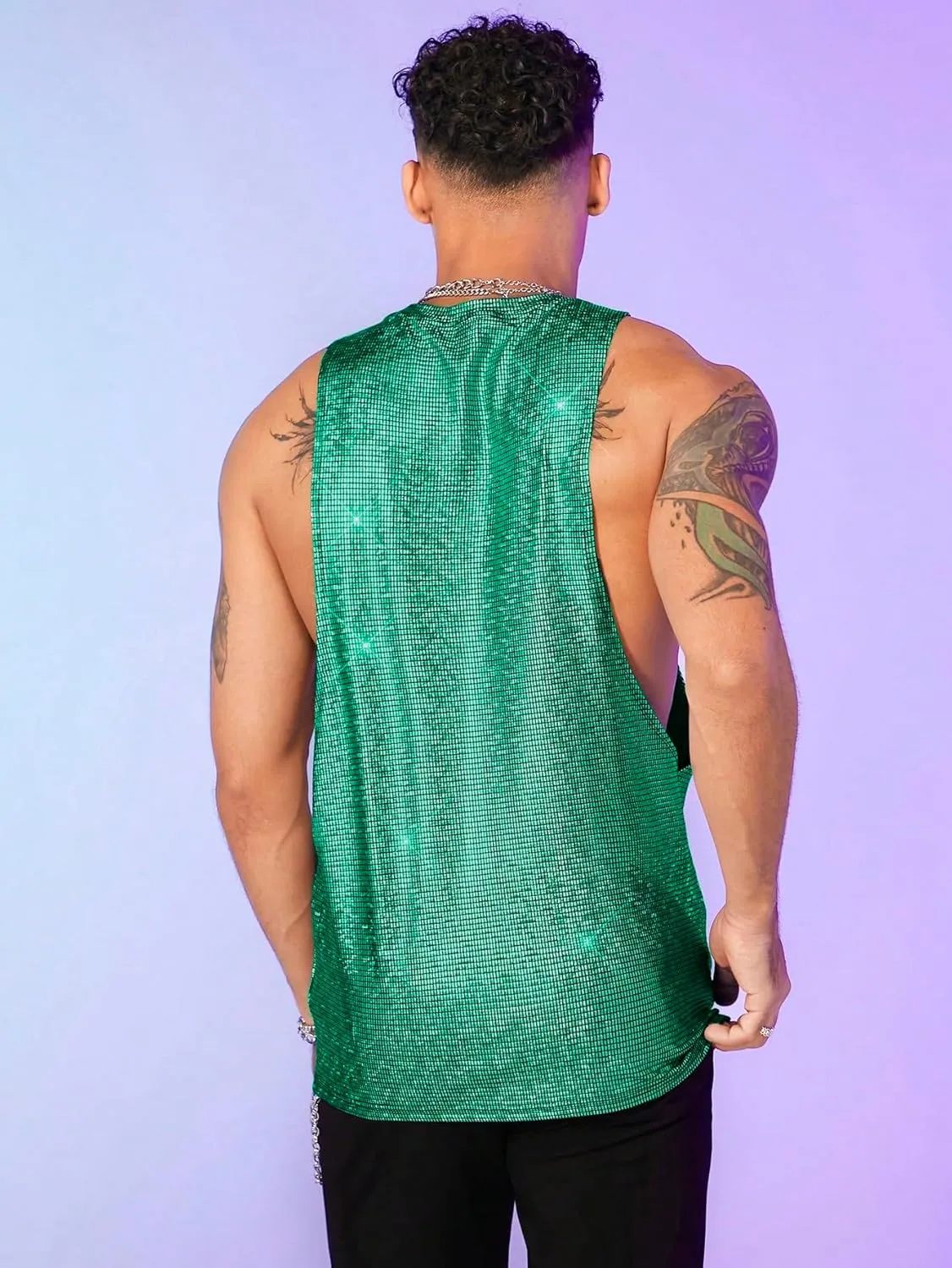 WDIRARA Men's Glitter Sequin Round Neck Sleeveless Tank Tops Cut Open Side Club Party T Shirt