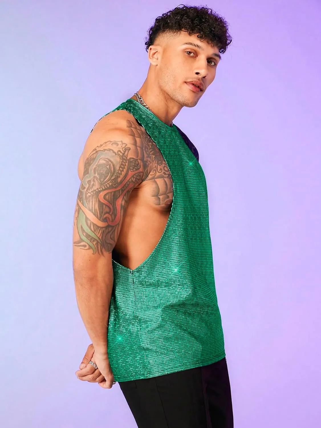 WDIRARA Men's Glitter Sequin Round Neck Sleeveless Tank Tops Cut Open Side Club Party T Shirt