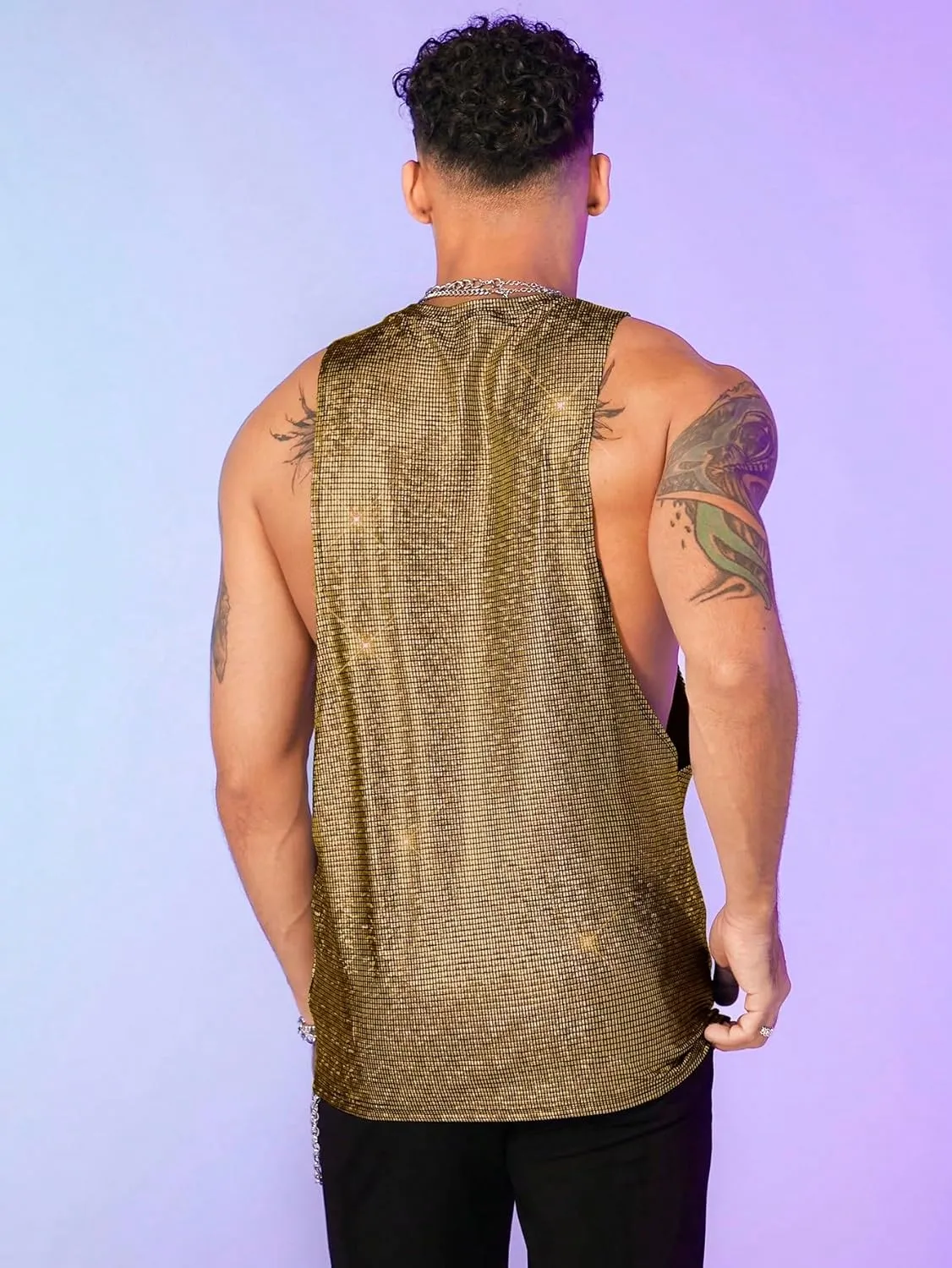 WDIRARA Men's Glitter Sequin Round Neck Sleeveless Tank Tops Cut Open Side Club Party T Shirt