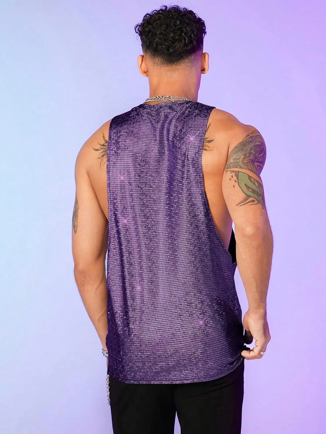 WDIRARA Men's Glitter Sequin Round Neck Sleeveless Tank Tops Cut Open Side Club Party T Shirt