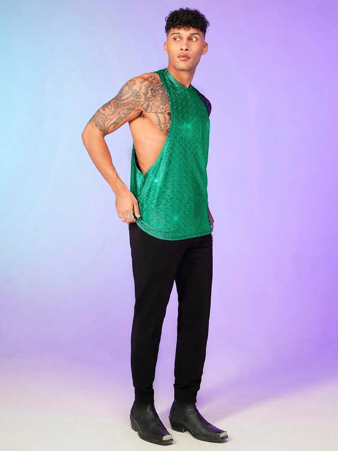 WDIRARA Men's Glitter Sequin Round Neck Sleeveless Tank Tops Cut Open Side Club Party T Shirt
