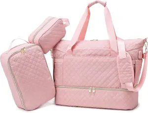 Weekender Overnight Bag, Large Travel Duffle Bags with Shoe Compartment & Wet Pocket & Insulated Cooler Pocket, Carry On Tote Bag Gym Duffel Bag with Toiletry Bags for Hospital 3 Pcs Set (Pink)