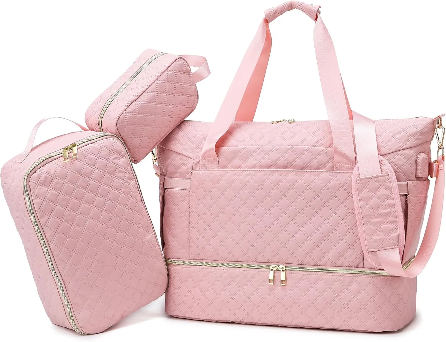 Weekender Overnight Bag, Large Travel Duffle Bags with Shoe Compartment & Wet Pocket & Insulated Cooler Pocket, Carry On Tote Bag Gym Duffel Bag with Toiletry Bags for Hospital 3 Pcs Set (Pink)