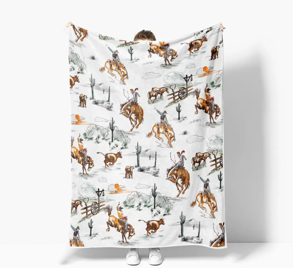 Western Cowboy Blanket, Wild West Cowboy Ride Horse Desert Cactus Cozy Warm Bed Couch Throw Blanket, Farmhouse Country American West Theme Fleece Flannel Throws to Decorate The Room and Bedroom