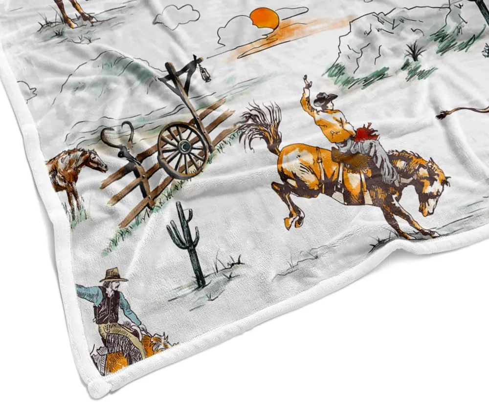 Western Cowboy Blanket, Wild West Cowboy Ride Horse Desert Cactus Cozy Warm Bed Couch Throw Blanket, Farmhouse Country American West Theme Fleece Flannel Throws to Decorate The Room and Bedroom