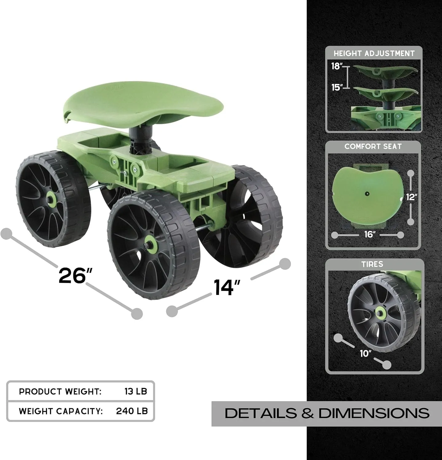 Wheelie Scoot | Premium Rolling Work Seat | Comfort Utility Garden Stool with Never Flat Wheels | Made in USA by Vertex | Model EX500