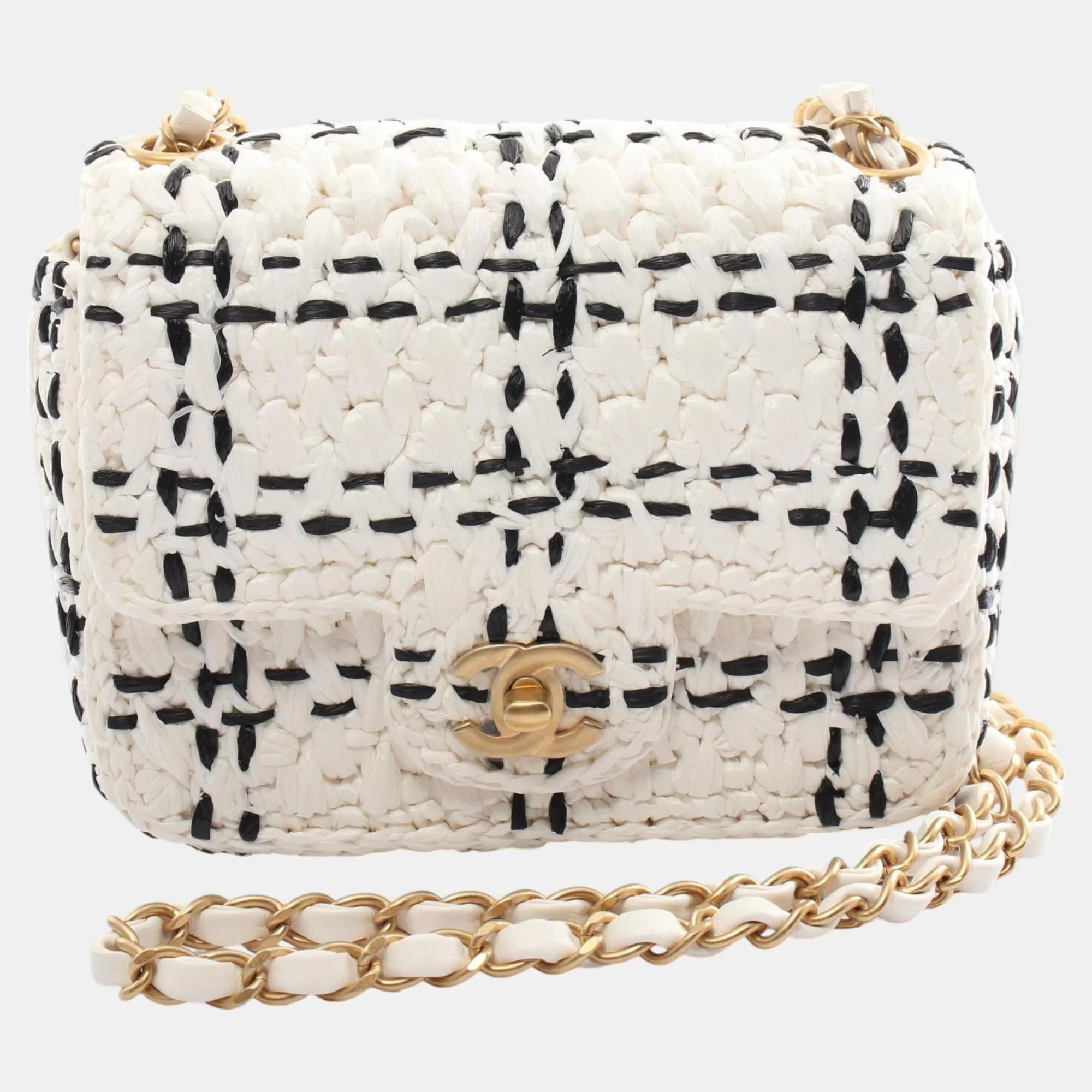 White/Black Raffia Effect Tweedy Mini Flap Shoulder Bags