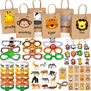 Winrayk 12 Sets Jungle Safari Party Favors Wild Animals Birthday Supplies, Tote Bag Paper Glasses Animal Figure Silicone Wristband Keychain, Goodie Bag Stuffers Kids Girl Boy Safari Jungle Party Decor