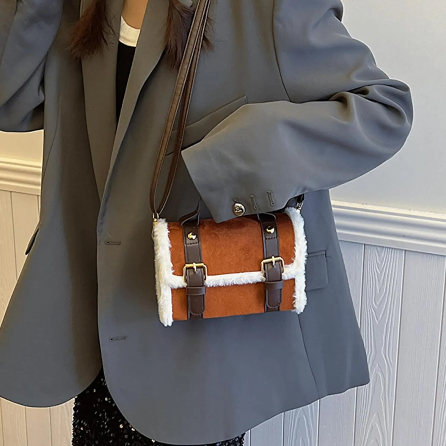 Winter Women's Crossbody Shoulder Bag 2024 Furry Plush Small Square Handbag French Styles for Fashionable Ladies