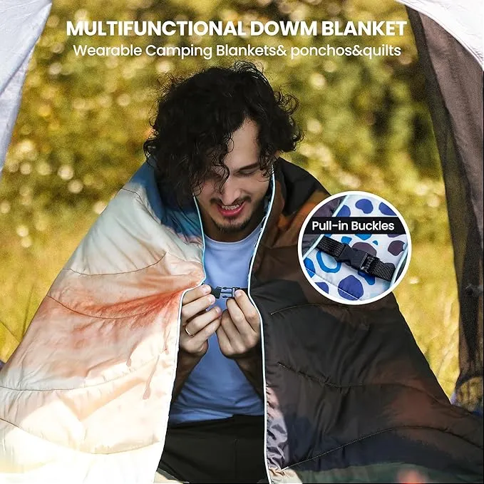 Winthome Camping Blanket, 78.6"x55.1" Oversized, Puffy, Packable, Lightweight, Waterproof Double Printed Warm Sleeping Blanket with Snap Buckle for Camping, Hiking, Travel