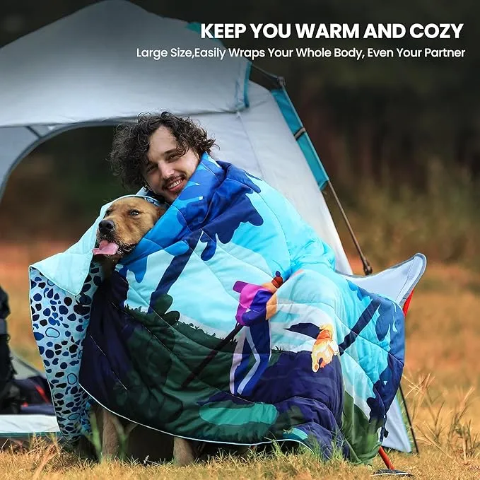 Winthome Camping Blanket, 78.6"x55.1" Oversized, Puffy, Packable, Lightweight, Waterproof Double Printed Warm Sleeping Blanket with Snap Buckle for Camping, Hiking, Travel