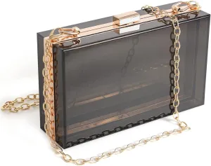 WJCD Women Clear Purse Acrylic Box Clutch Handbag, Small Transparent Crossbody Evening Bag Stadium Approved Gold Chain Strap