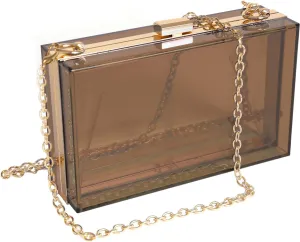 WJCD Women Clear Purse Acrylic Box Clutch Handbag, Small Transparent Crossbody Evening Bag Stadium Approved Gold Chain Strap