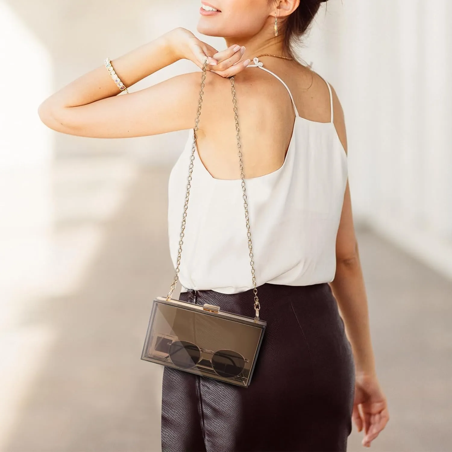 WJCD Women Clear Purse Acrylic Box Clutch Handbag, Small Transparent Crossbody Evening Bag Stadium Approved Gold Chain Strap