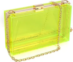 WJCD Women Clear Purse Acrylic Box Clutch Handbag, Small Transparent Crossbody Evening Bag Stadium Approved Gold Chain Strap