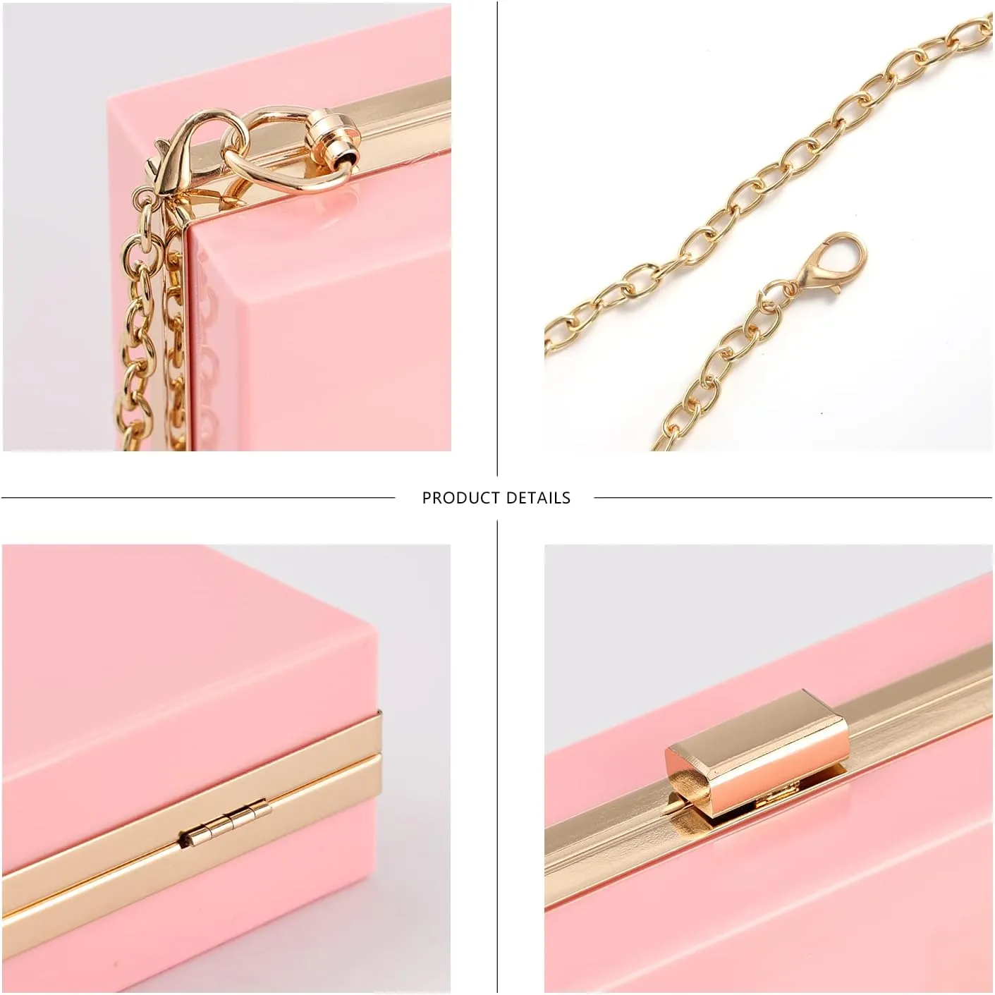 WJCD Women Clear Purse Acrylic Box Clutch Handbag, Small Transparent Crossbody Evening Bag Stadium Approved Gold Chain Strap