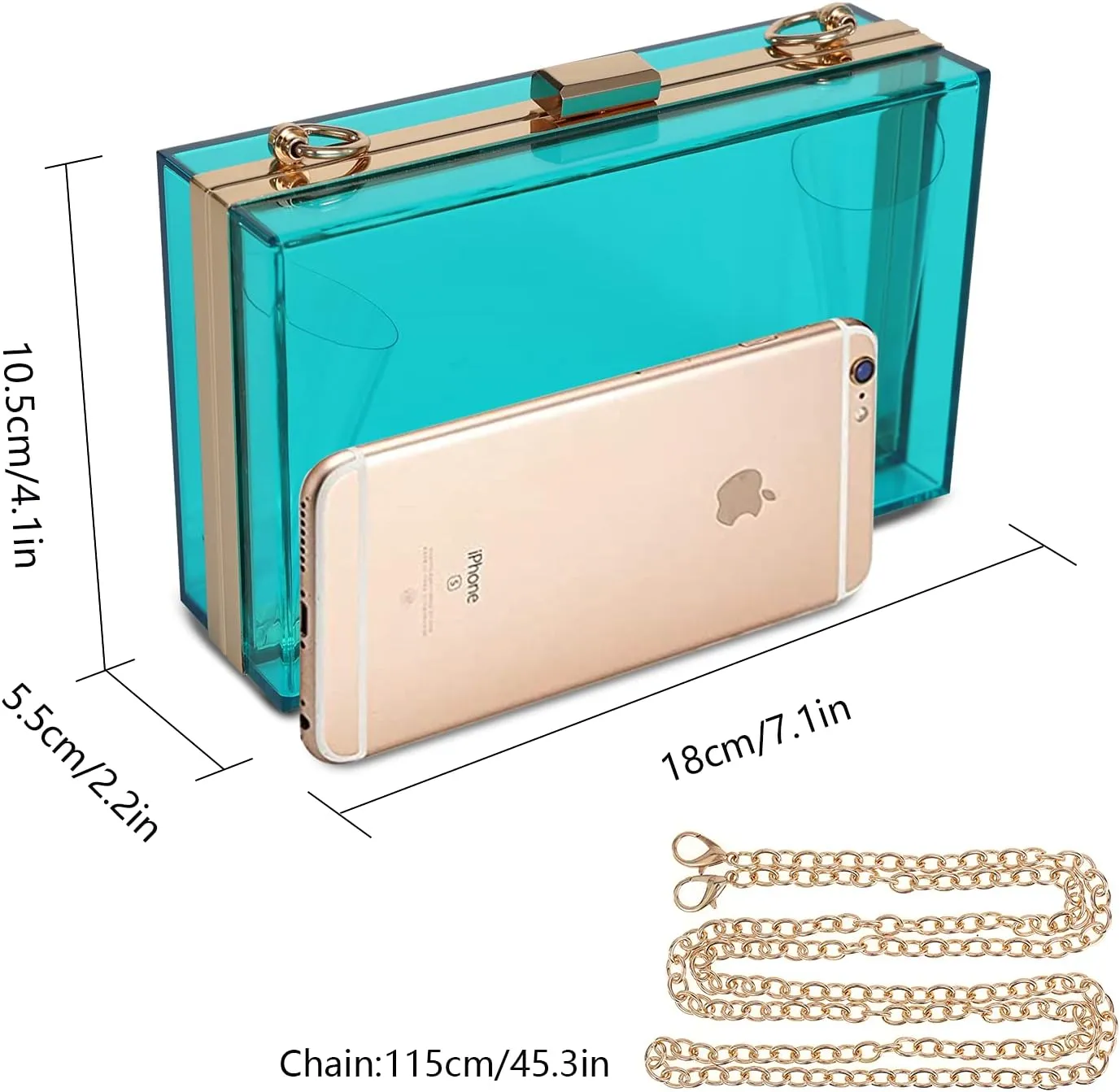 WJCD Women Clear Purse Acrylic Box Clutch Handbag, Small Transparent Crossbody Evening Bag Stadium Approved Gold Chain Strap