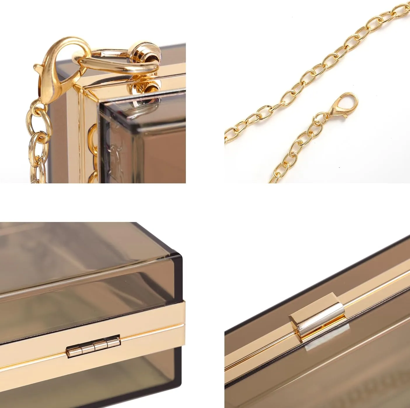 WJCD Women Clear Purse Acrylic Box Clutch Handbag, Small Transparent Crossbody Evening Bag Stadium Approved Gold Chain Strap