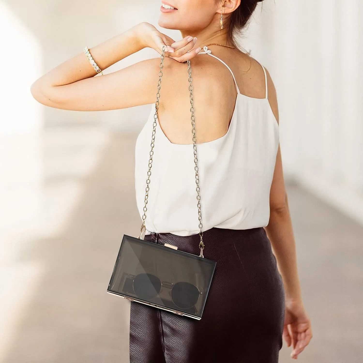 WJCD Women Clear Purse Acrylic Box Clutch Handbag, Small Transparent Crossbody Evening Bag Stadium Approved Gold Chain Strap