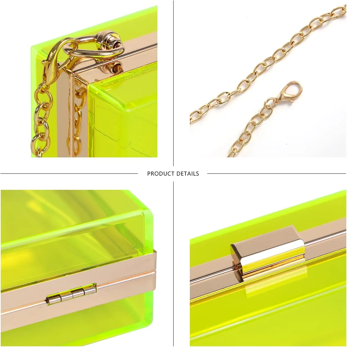 WJCD Women Clear Purse Acrylic Box Clutch Handbag, Small Transparent Crossbody Evening Bag Stadium Approved Gold Chain Strap
