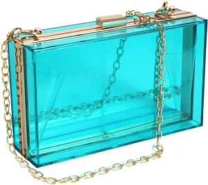 WJCD Women Clear Purse Acrylic Box Clutch Handbag, Small Transparent Crossbody Evening Bag Stadium Approved Gold Chain Strap