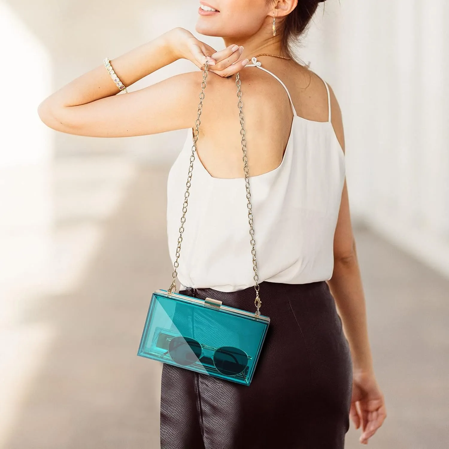 WJCD Women Clear Purse Acrylic Box Clutch Handbag, Small Transparent Crossbody Evening Bag Stadium Approved Gold Chain Strap