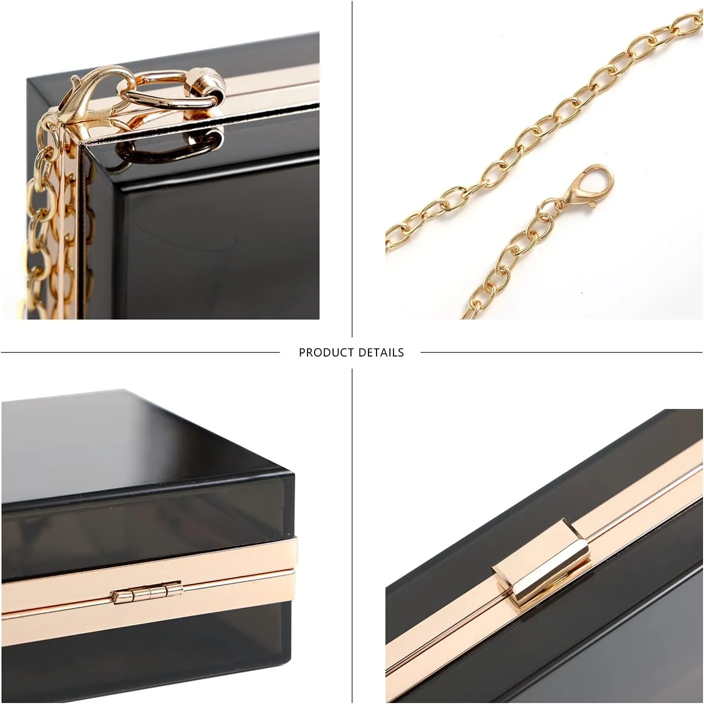 WJCD Women Clear Purse Acrylic Box Clutch Handbag, Small Transparent Crossbody Evening Bag Stadium Approved Gold Chain Strap